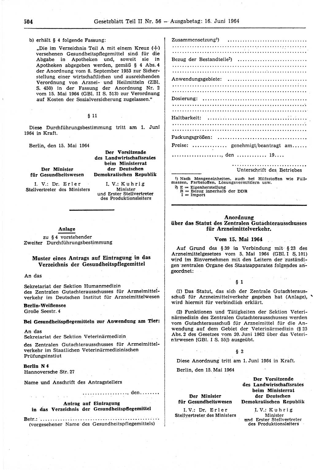 Gesetzblatt (GBl.) der Deutschen Demokratischen Republik (DDR) Teil ⅠⅠ 1964, Seite 504 (GBl. DDR ⅠⅠ 1964, S. 504)