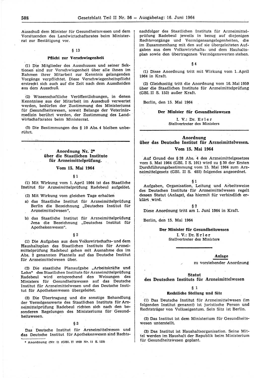 Gesetzblatt (GBl.) der Deutschen Demokratischen Republik (DDR) Teil ⅠⅠ 1964, Seite 508 (GBl. DDR ⅠⅠ 1964, S. 508)