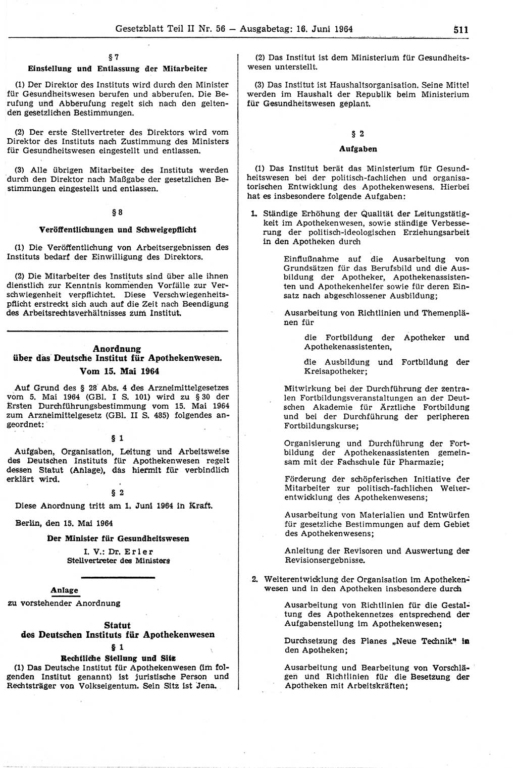 Gesetzblatt (GBl.) der Deutschen Demokratischen Republik (DDR) Teil ⅠⅠ 1964, Seite 511 (GBl. DDR ⅠⅠ 1964, S. 511)