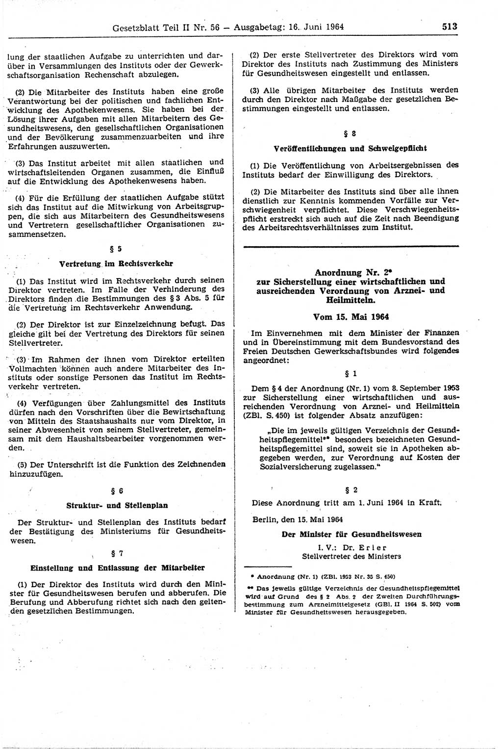Gesetzblatt (GBl.) der Deutschen Demokratischen Republik (DDR) Teil ⅠⅠ 1964, Seite 513 (GBl. DDR ⅠⅠ 1964, S. 513)