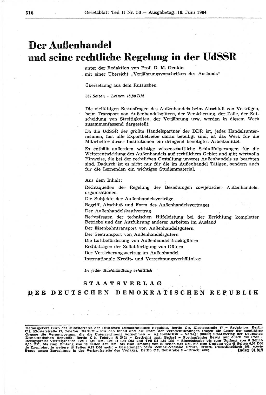 Gesetzblatt (GBl.) der Deutschen Demokratischen Republik (DDR) Teil ⅠⅠ 1964, Seite 516 (GBl. DDR ⅠⅠ 1964, S. 516)
