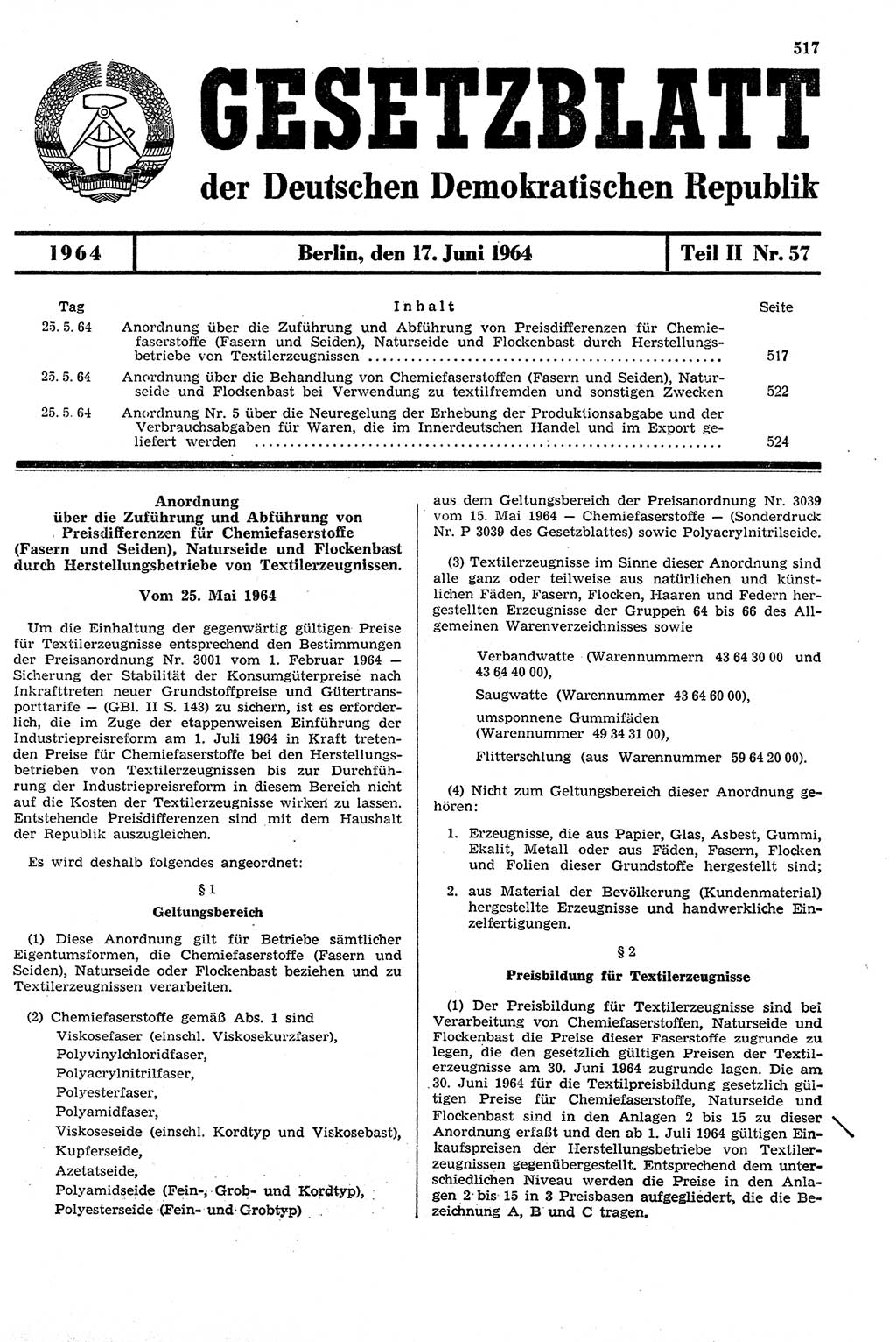 Gesetzblatt (GBl.) der Deutschen Demokratischen Republik (DDR) Teil ⅠⅠ 1964, Seite 517 (GBl. DDR ⅠⅠ 1964, S. 517)