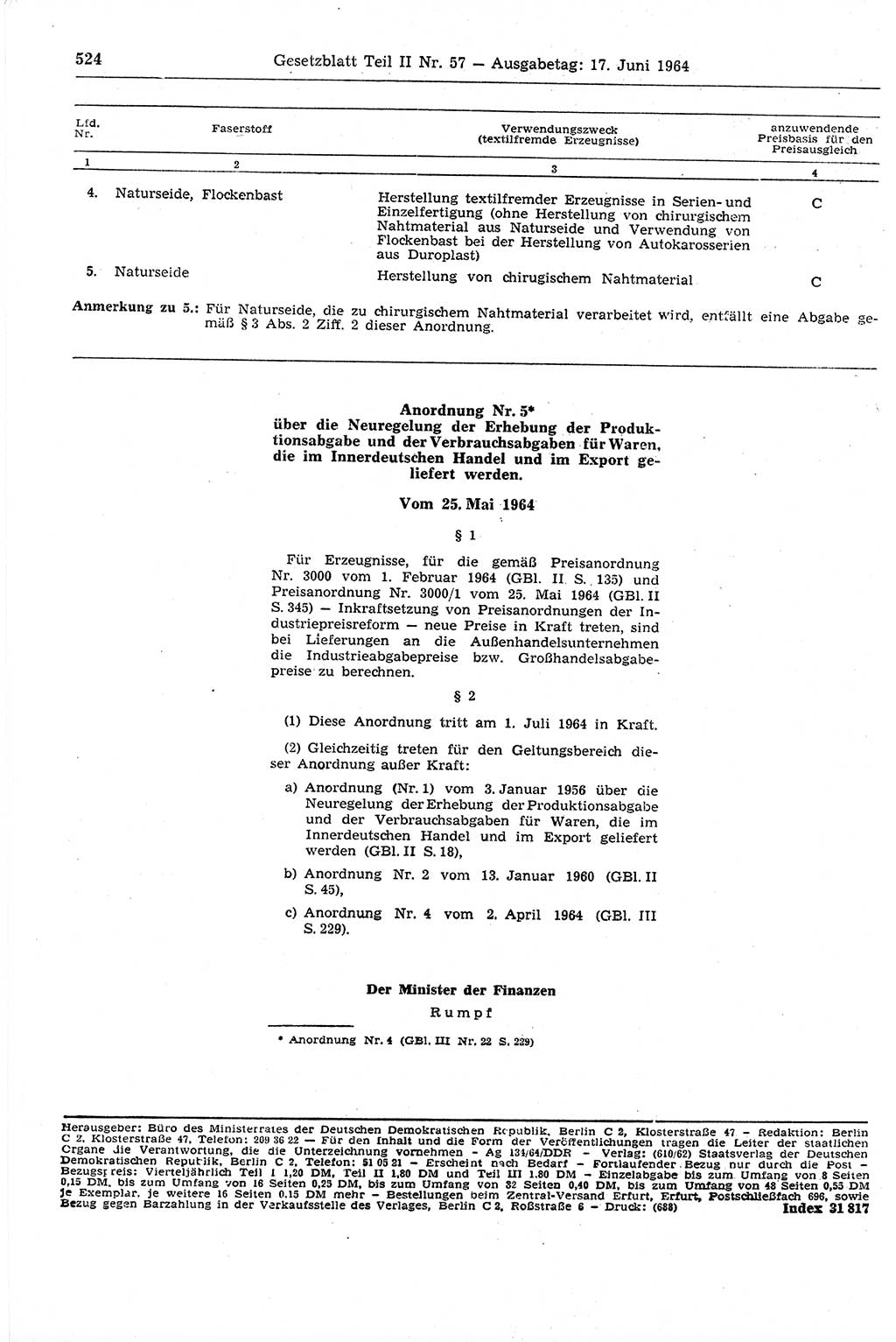 Gesetzblatt (GBl.) der Deutschen Demokratischen Republik (DDR) Teil ⅠⅠ 1964, Seite 524 (GBl. DDR ⅠⅠ 1964, S. 524)