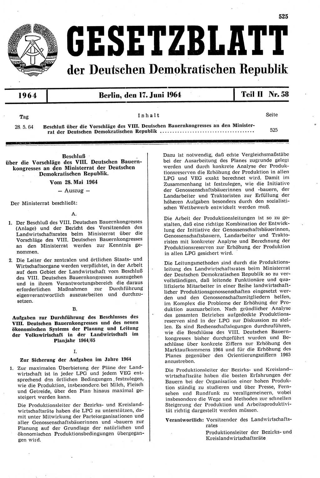 Gesetzblatt (GBl.) der Deutschen Demokratischen Republik (DDR) Teil ⅠⅠ 1964, Seite 525 (GBl. DDR ⅠⅠ 1964, S. 525)