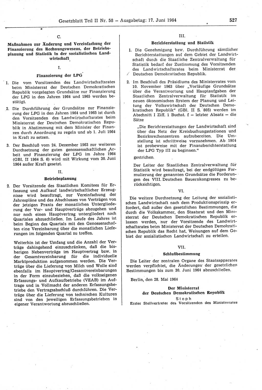 Gesetzblatt (GBl.) der Deutschen Demokratischen Republik (DDR) Teil ⅠⅠ 1964, Seite 527 (GBl. DDR ⅠⅠ 1964, S. 527)