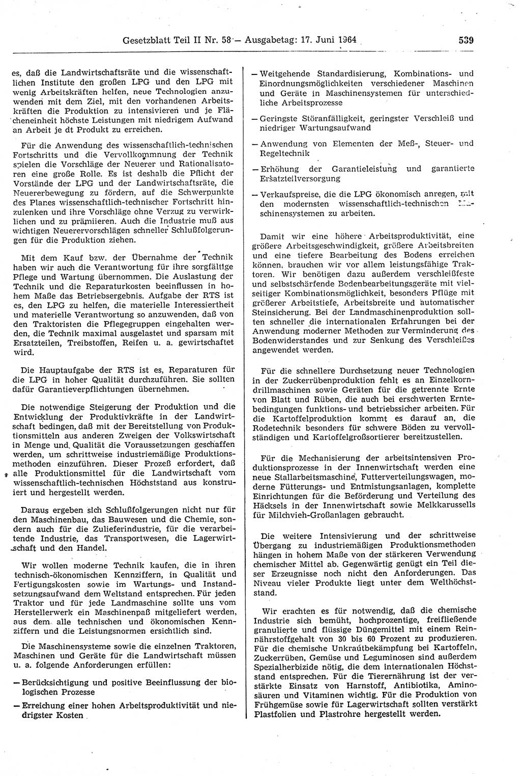 Gesetzblatt (GBl.) der Deutschen Demokratischen Republik (DDR) Teil ⅠⅠ 1964, Seite 539 (GBl. DDR ⅠⅠ 1964, S. 539)