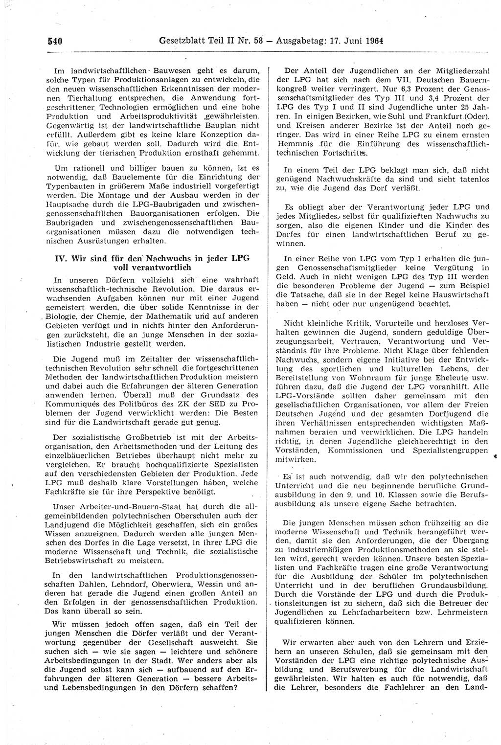 Gesetzblatt (GBl.) der Deutschen Demokratischen Republik (DDR) Teil ⅠⅠ 1964, Seite 540 (GBl. DDR ⅠⅠ 1964, S. 540)