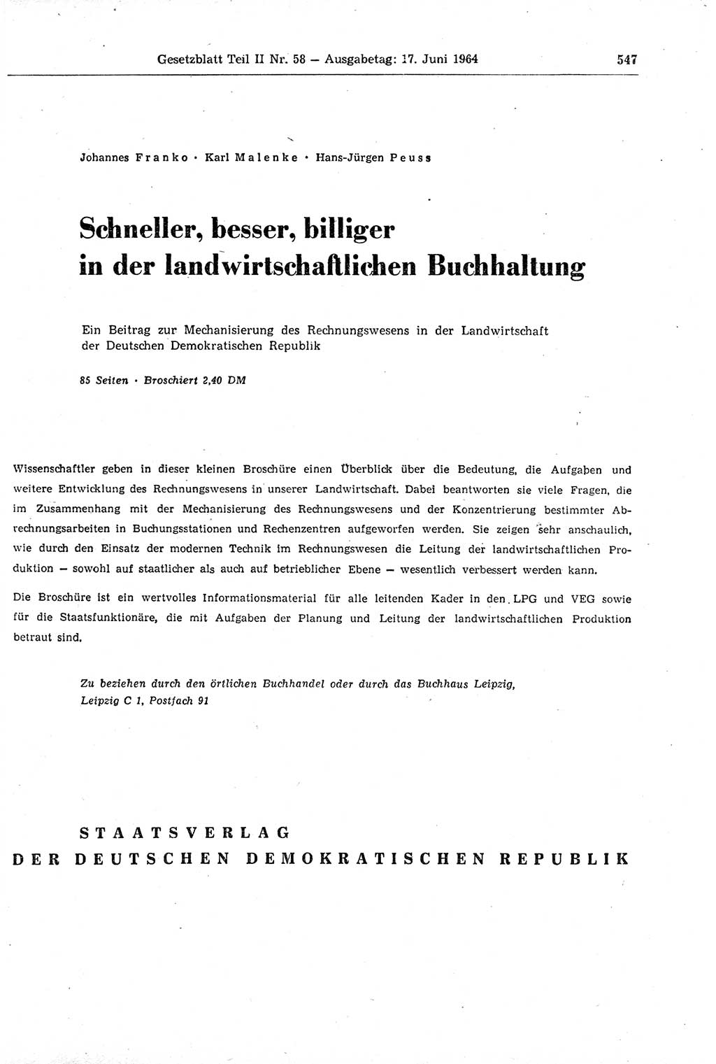 Gesetzblatt (GBl.) der Deutschen Demokratischen Republik (DDR) Teil ⅠⅠ 1964, Seite 547 (GBl. DDR ⅠⅠ 1964, S. 547)