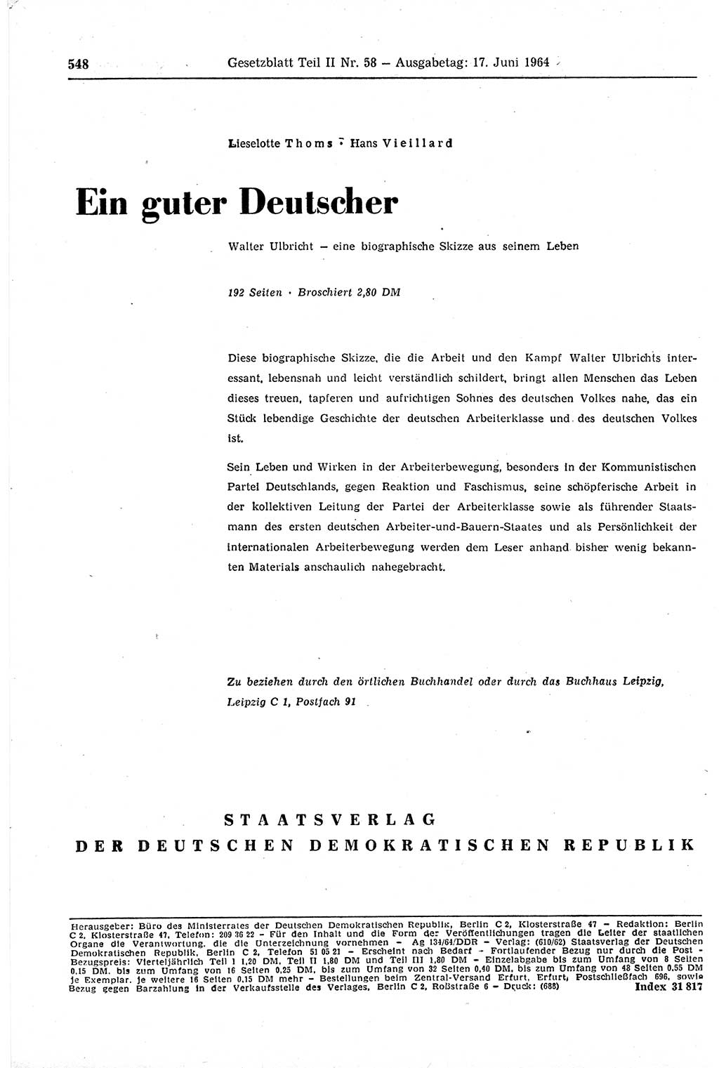 Gesetzblatt (GBl.) der Deutschen Demokratischen Republik (DDR) Teil ⅠⅠ 1964, Seite 548 (GBl. DDR ⅠⅠ 1964, S. 548)