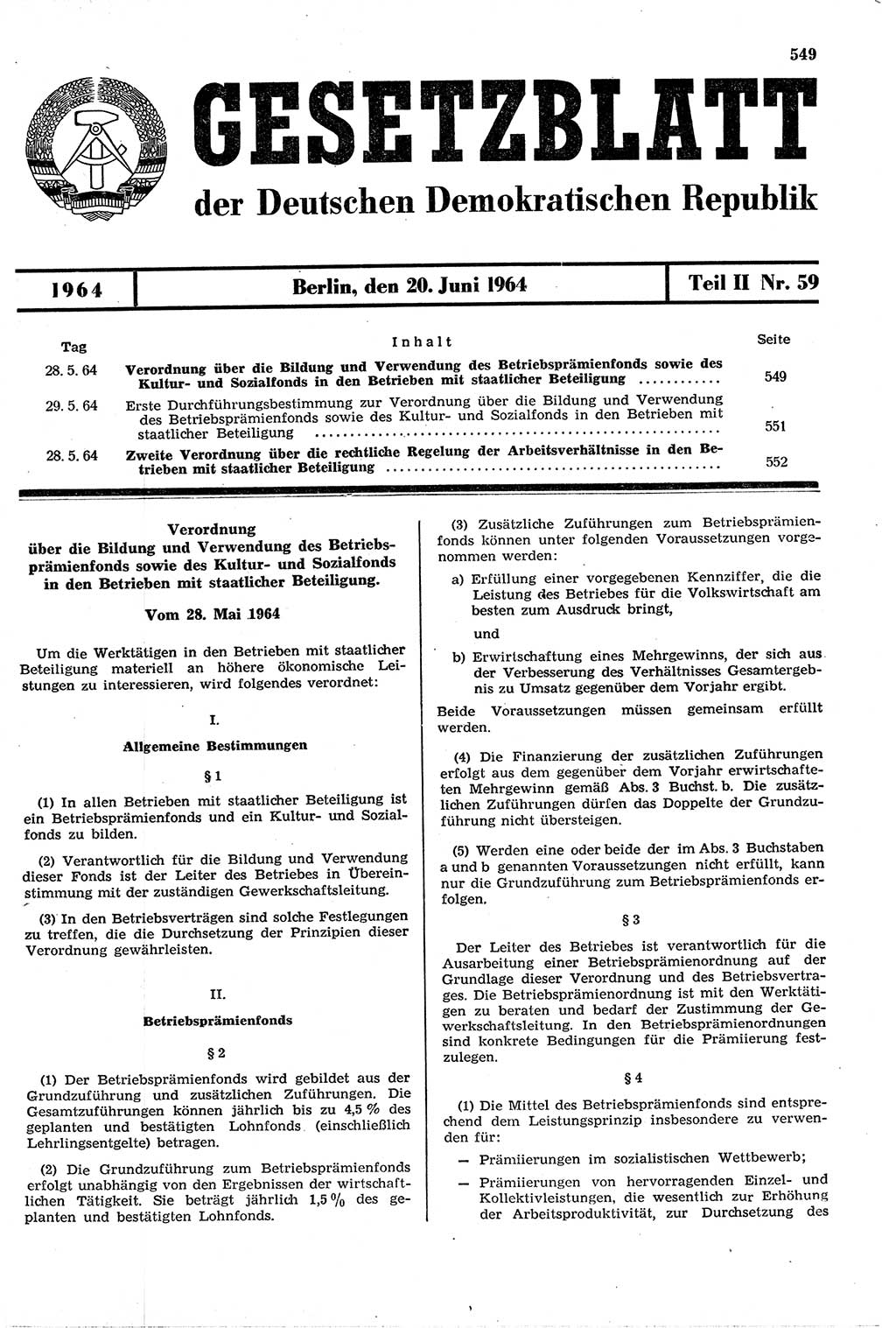 Gesetzblatt (GBl.) der Deutschen Demokratischen Republik (DDR) Teil ⅠⅠ 1964, Seite 549 (GBl. DDR ⅠⅠ 1964, S. 549)