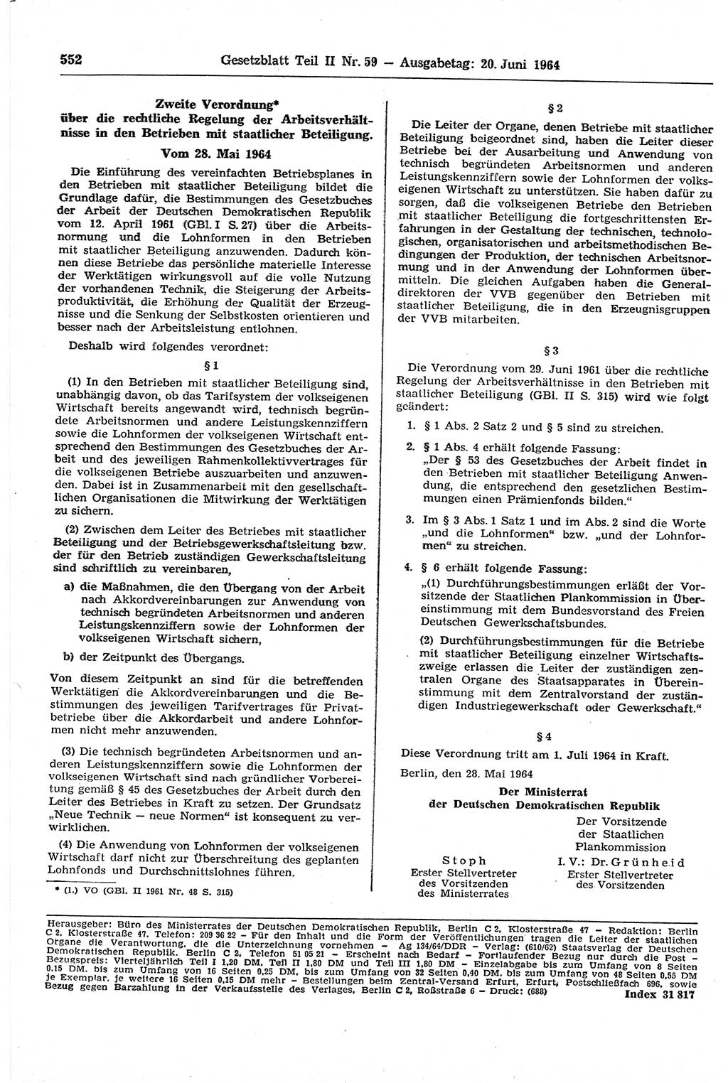 Gesetzblatt (GBl.) der Deutschen Demokratischen Republik (DDR) Teil ⅠⅠ 1964, Seite 552 (GBl. DDR ⅠⅠ 1964, S. 552)