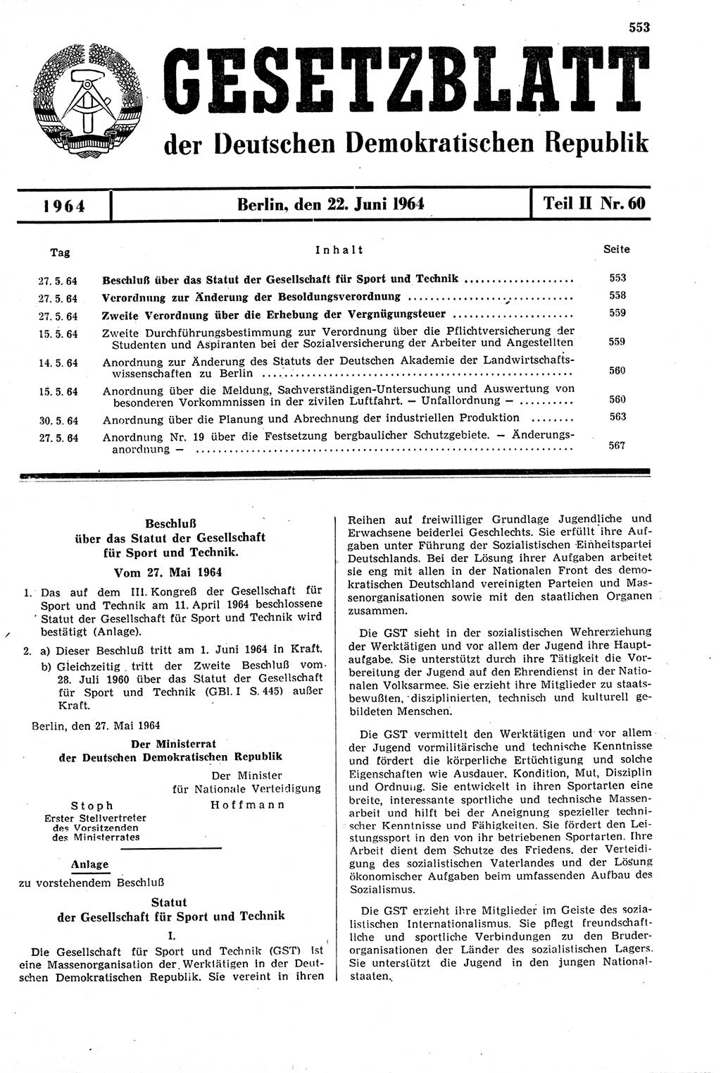 Gesetzblatt (GBl.) der Deutschen Demokratischen Republik (DDR) Teil ⅠⅠ 1964, Seite 553 (GBl. DDR ⅠⅠ 1964, S. 553)