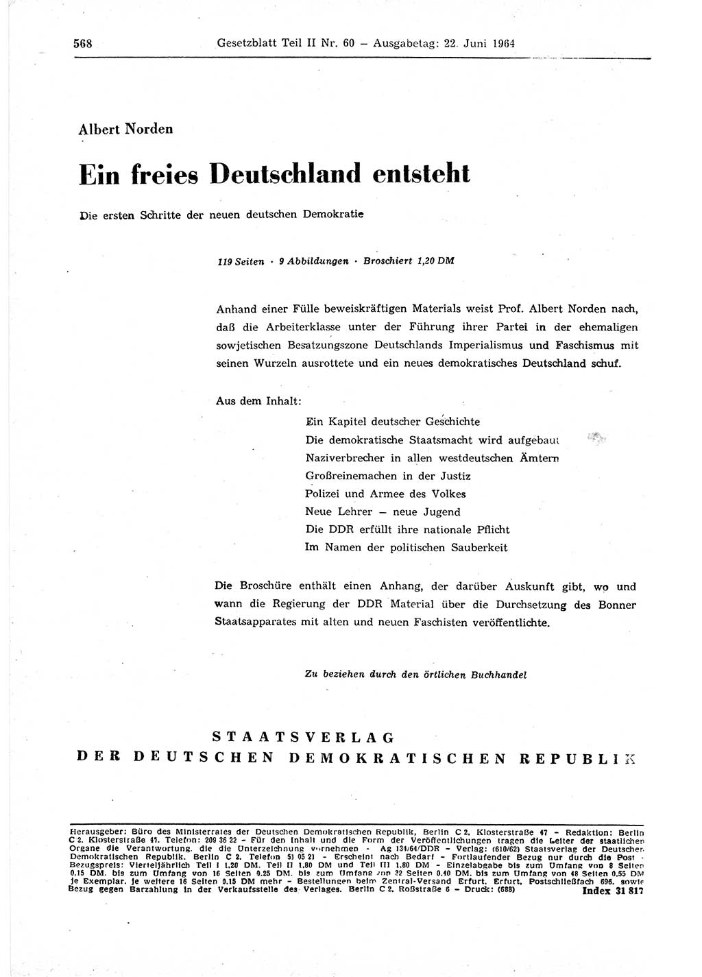Gesetzblatt (GBl.) der Deutschen Demokratischen Republik (DDR) Teil ⅠⅠ 1964, Seite 568 (GBl. DDR ⅠⅠ 1964, S. 568)