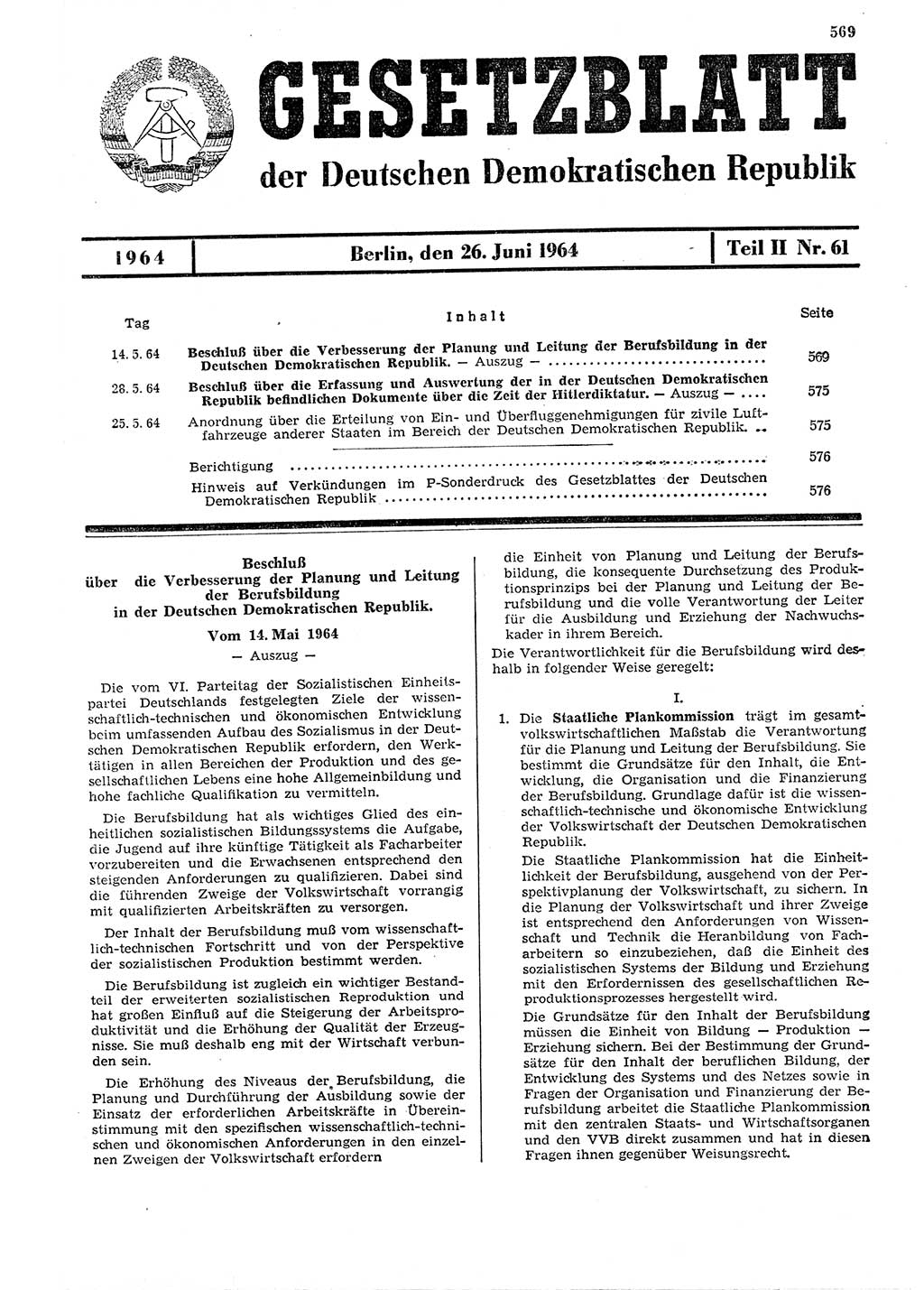 Gesetzblatt (GBl.) der Deutschen Demokratischen Republik (DDR) Teil ⅠⅠ 1964, Seite 569 (GBl. DDR ⅠⅠ 1964, S. 569)