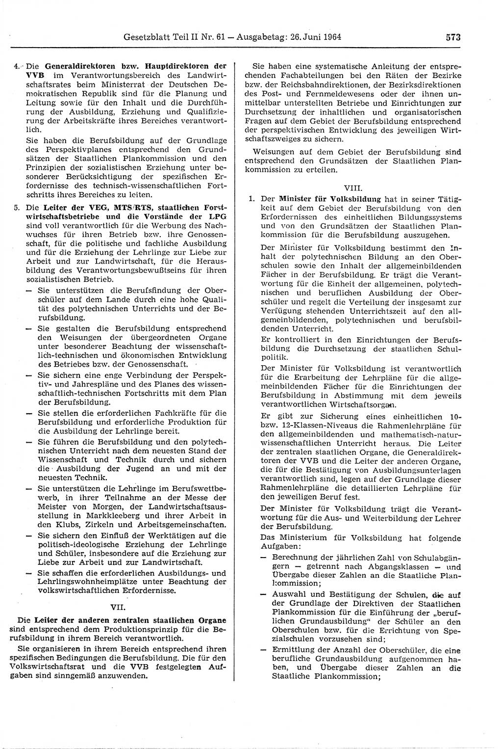 Gesetzblatt (GBl.) der Deutschen Demokratischen Republik (DDR) Teil ⅠⅠ 1964, Seite 573 (GBl. DDR ⅠⅠ 1964, S. 573)