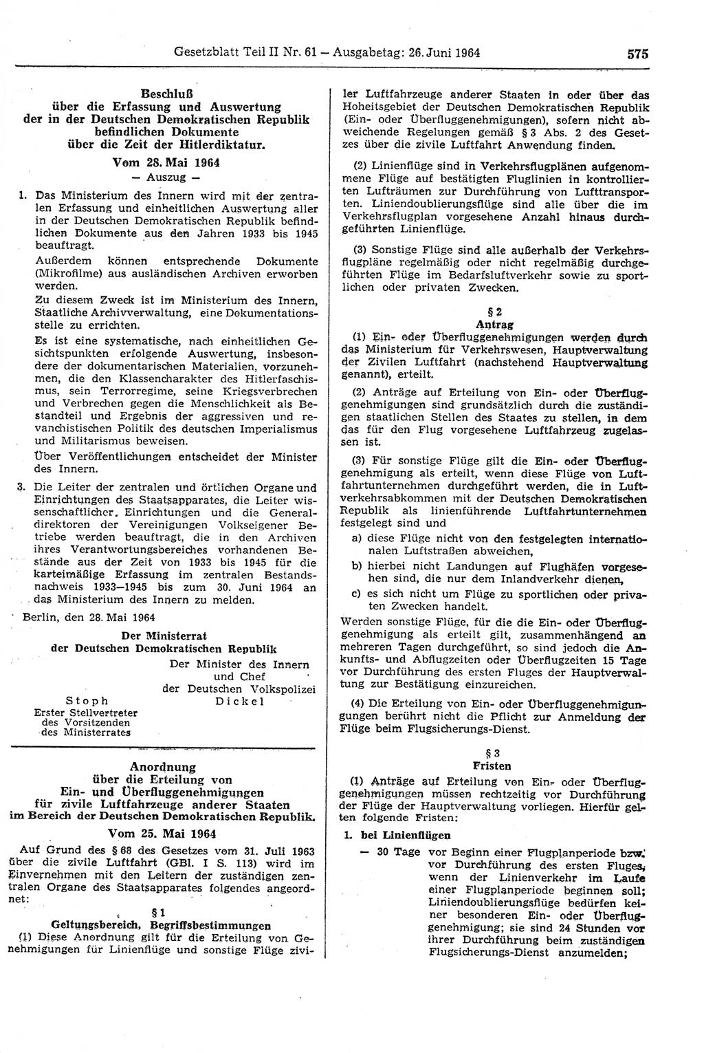 Gesetzblatt (GBl.) der Deutschen Demokratischen Republik (DDR) Teil ⅠⅠ 1964, Seite 575 (GBl. DDR ⅠⅠ 1964, S. 575)