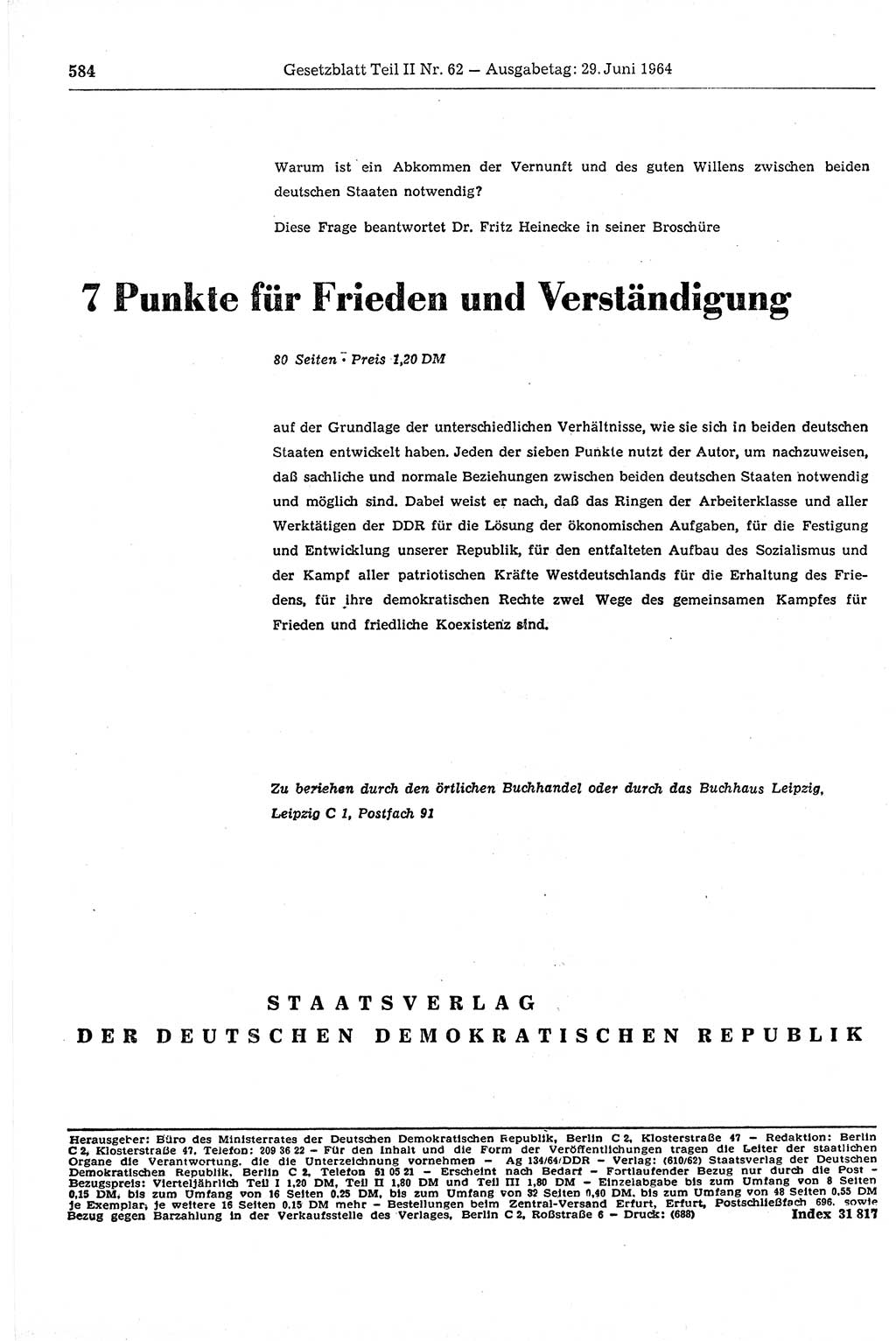 Gesetzblatt (GBl.) der Deutschen Demokratischen Republik (DDR) Teil ⅠⅠ 1964, Seite 584 (GBl. DDR ⅠⅠ 1964, S. 584)