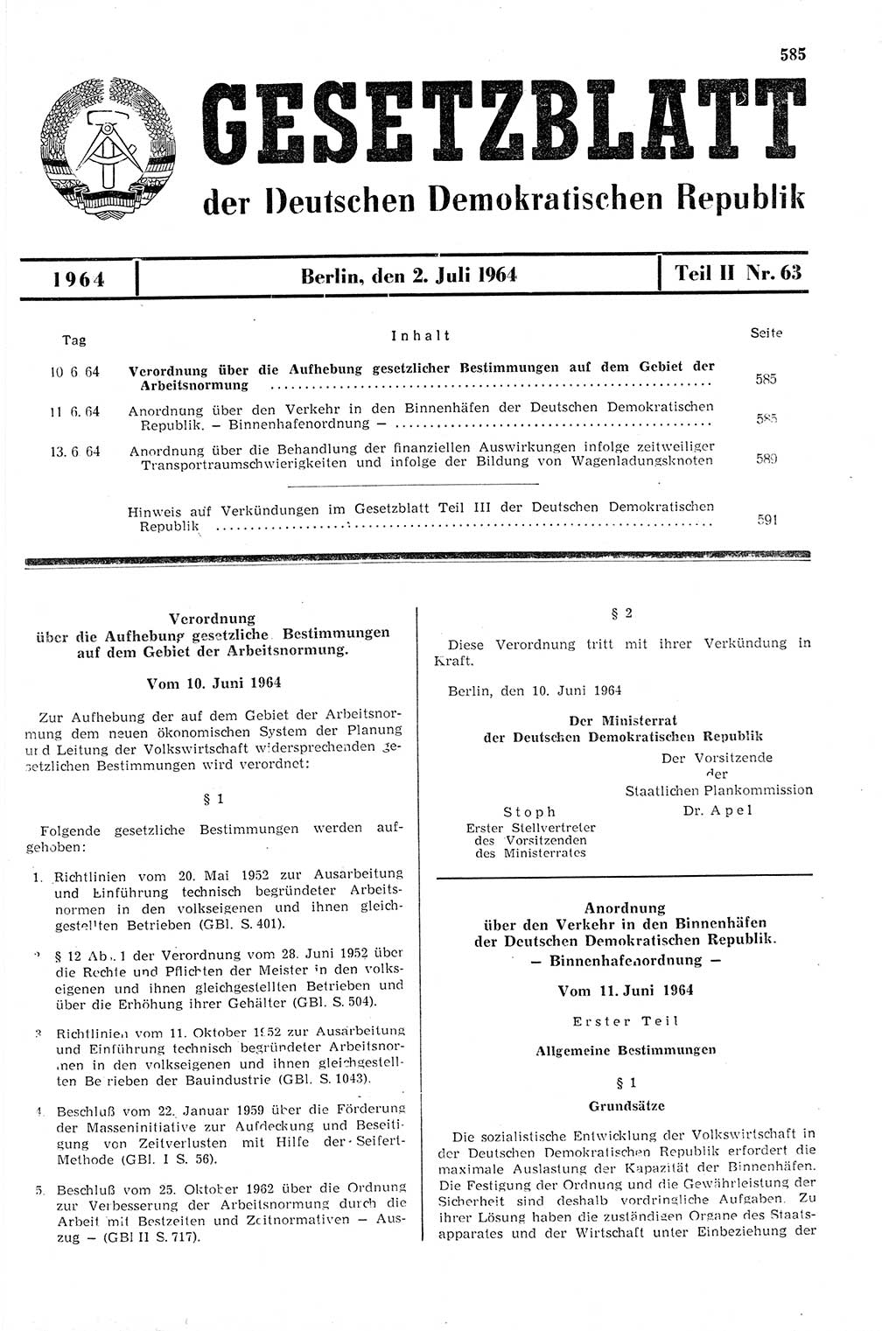 Gesetzblatt (GBl.) der Deutschen Demokratischen Republik (DDR) Teil ⅠⅠ 1964, Seite 585 (GBl. DDR ⅠⅠ 1964, S. 585)