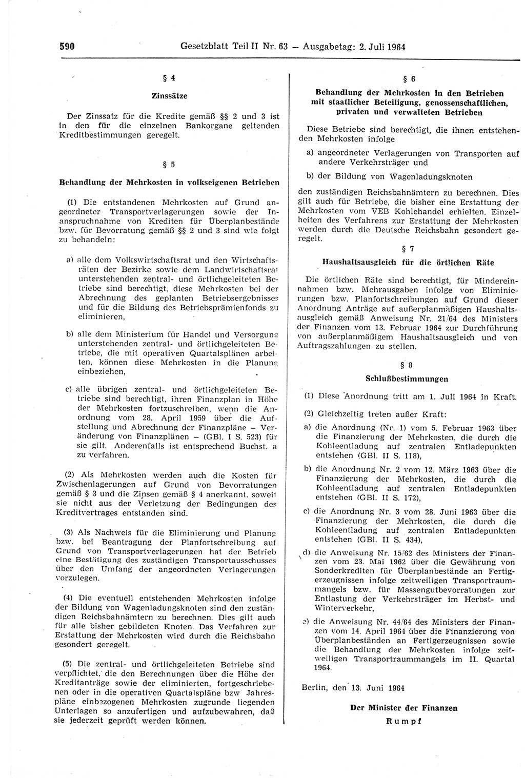 Gesetzblatt (GBl.) der Deutschen Demokratischen Republik (DDR) Teil ⅠⅠ 1964, Seite 590 (GBl. DDR ⅠⅠ 1964, S. 590)