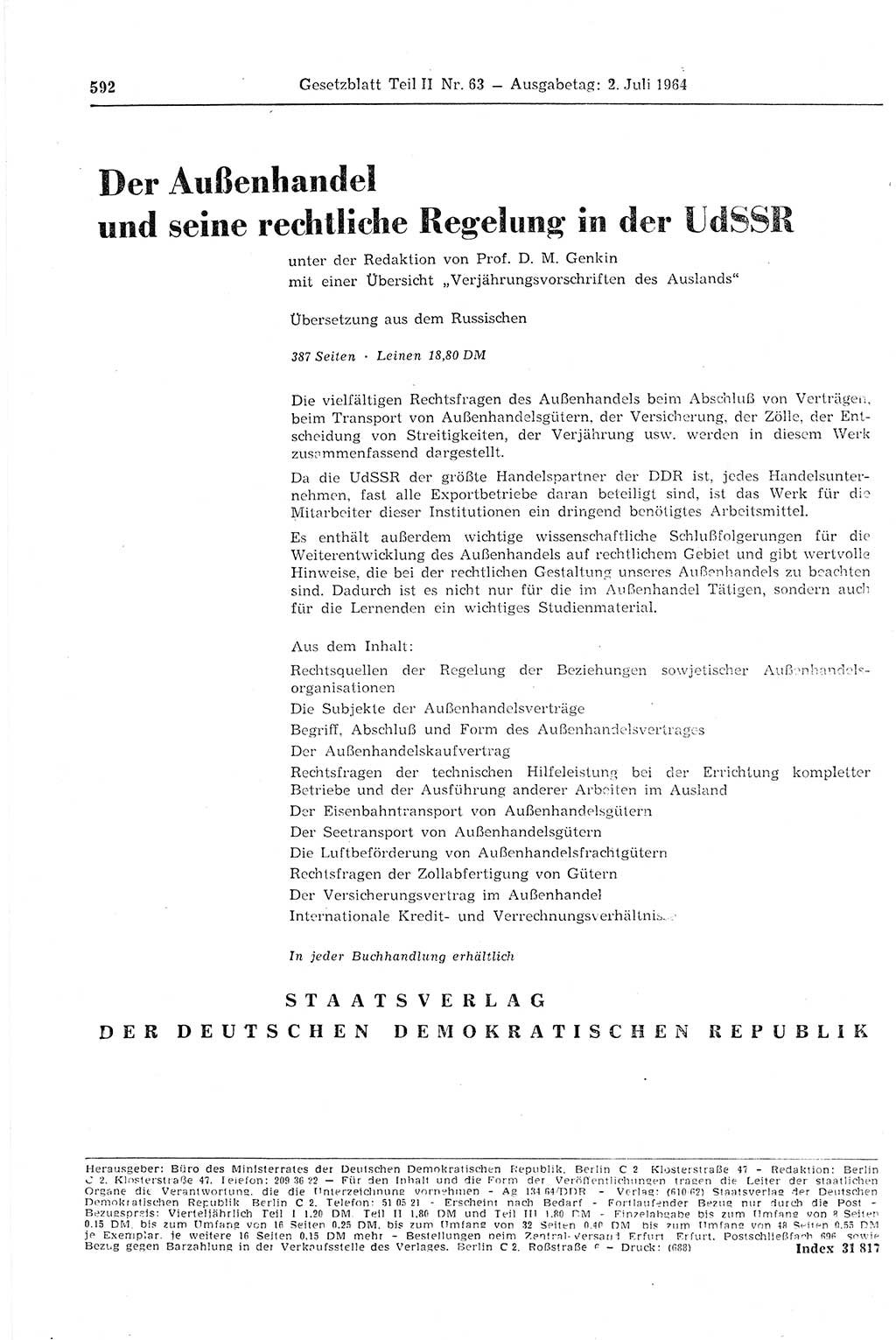 Gesetzblatt (GBl.) der Deutschen Demokratischen Republik (DDR) Teil ⅠⅠ 1964, Seite 592 (GBl. DDR ⅠⅠ 1964, S. 592)
