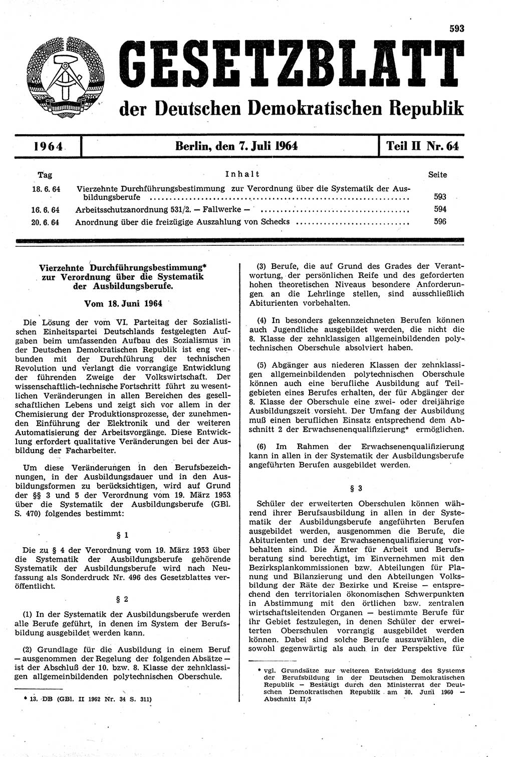Gesetzblatt (GBl.) der Deutschen Demokratischen Republik (DDR) Teil ⅠⅠ 1964, Seite 593 (GBl. DDR ⅠⅠ 1964, S. 593)