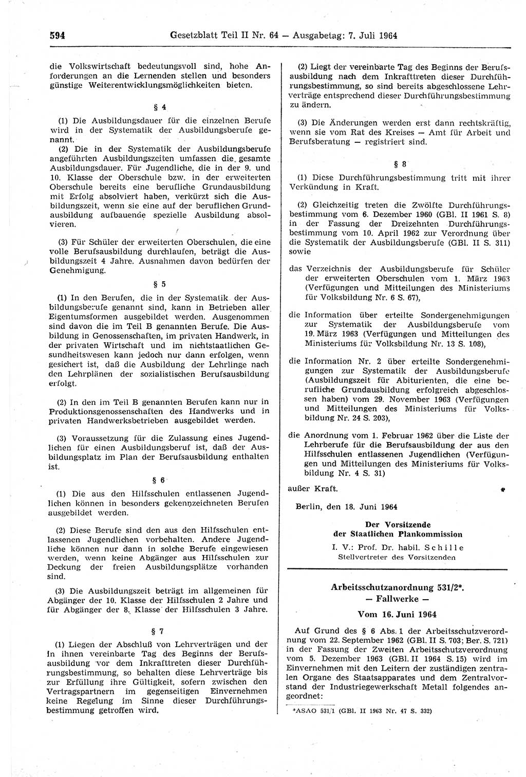 Gesetzblatt (GBl.) der Deutschen Demokratischen Republik (DDR) Teil ⅠⅠ 1964, Seite 594 (GBl. DDR ⅠⅠ 1964, S. 594)