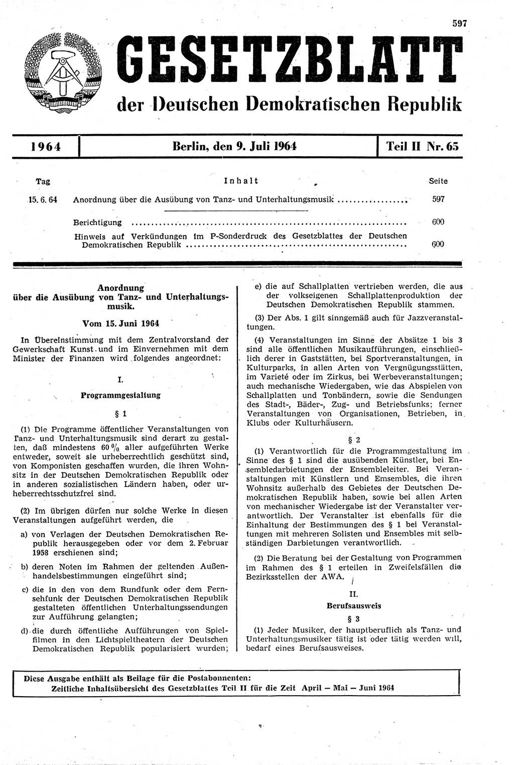 Gesetzblatt (GBl.) der Deutschen Demokratischen Republik (DDR) Teil ⅠⅠ 1964, Seite 597 (GBl. DDR ⅠⅠ 1964, S. 597)