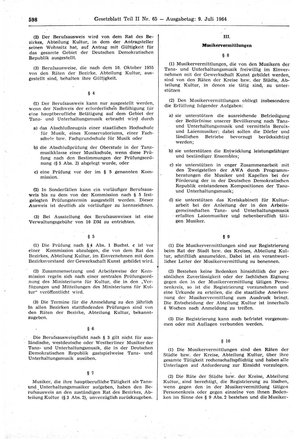 Gesetzblatt (GBl.) der Deutschen Demokratischen Republik (DDR) Teil ⅠⅠ 1964, Seite 598 (GBl. DDR ⅠⅠ 1964, S. 598)