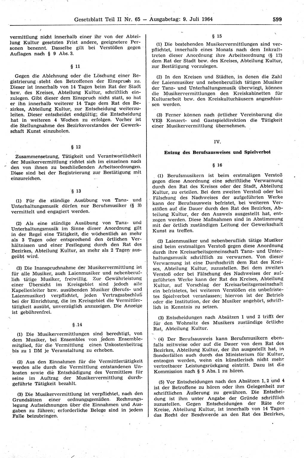 Gesetzblatt (GBl.) der Deutschen Demokratischen Republik (DDR) Teil ⅠⅠ 1964, Seite 599 (GBl. DDR ⅠⅠ 1964, S. 599)