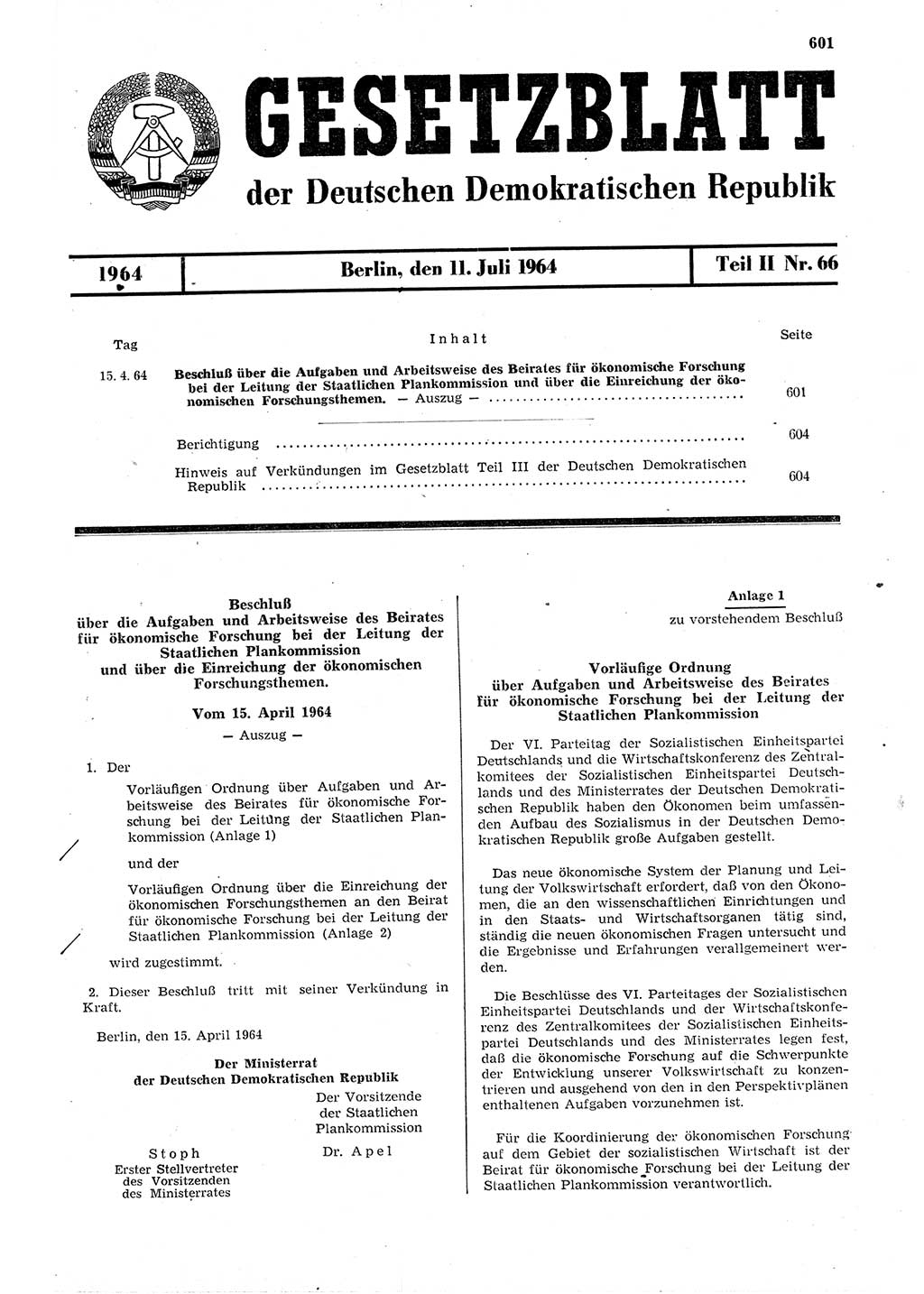 Gesetzblatt (GBl.) der Deutschen Demokratischen Republik (DDR) Teil ⅠⅠ 1964, Seite 601 (GBl. DDR ⅠⅠ 1964, S. 601)