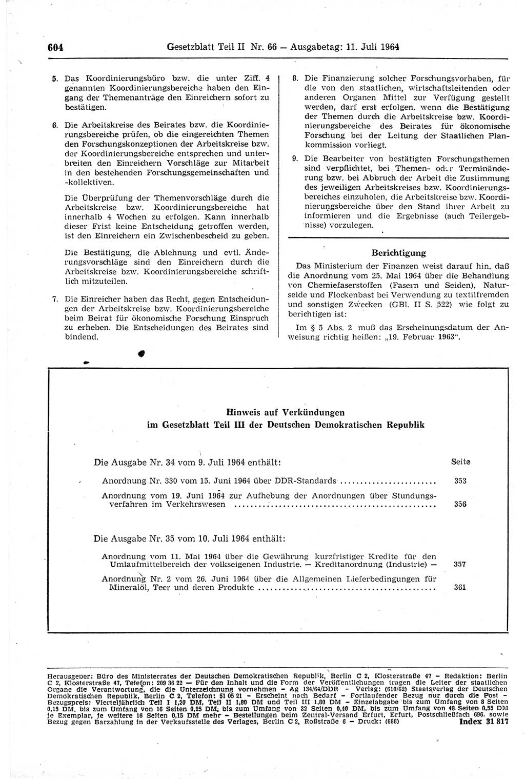 Gesetzblatt (GBl.) der Deutschen Demokratischen Republik (DDR) Teil ⅠⅠ 1964, Seite 604 (GBl. DDR ⅠⅠ 1964, S. 604)