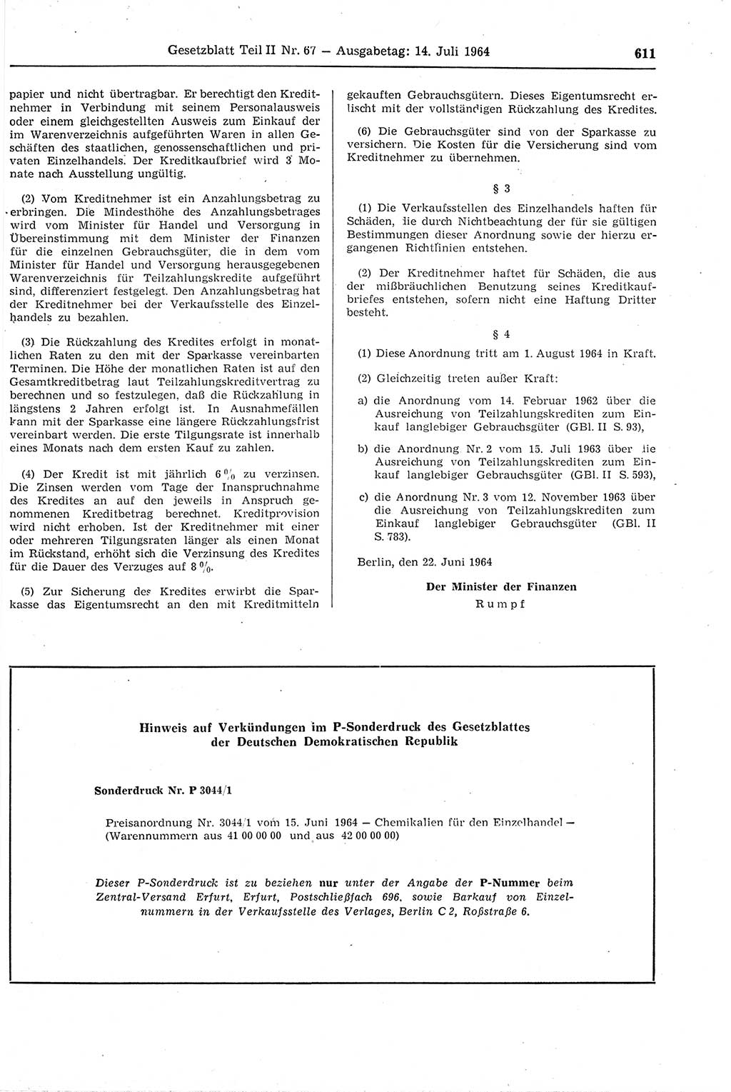 Gesetzblatt (GBl.) der Deutschen Demokratischen Republik (DDR) Teil ⅠⅠ 1964, Seite 611 (GBl. DDR ⅠⅠ 1964, S. 611)