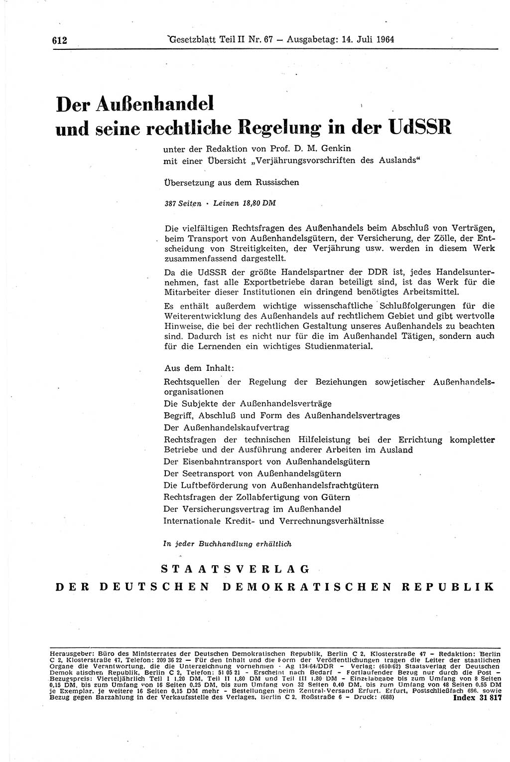 Gesetzblatt (GBl.) der Deutschen Demokratischen Republik (DDR) Teil ⅠⅠ 1964, Seite 612 (GBl. DDR ⅠⅠ 1964, S. 612)