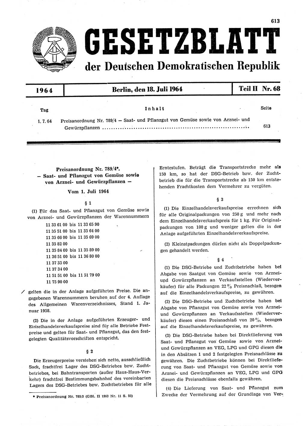 Gesetzblatt (GBl.) der Deutschen Demokratischen Republik (DDR) Teil ⅠⅠ 1964, Seite 613 (GBl. DDR ⅠⅠ 1964, S. 613)