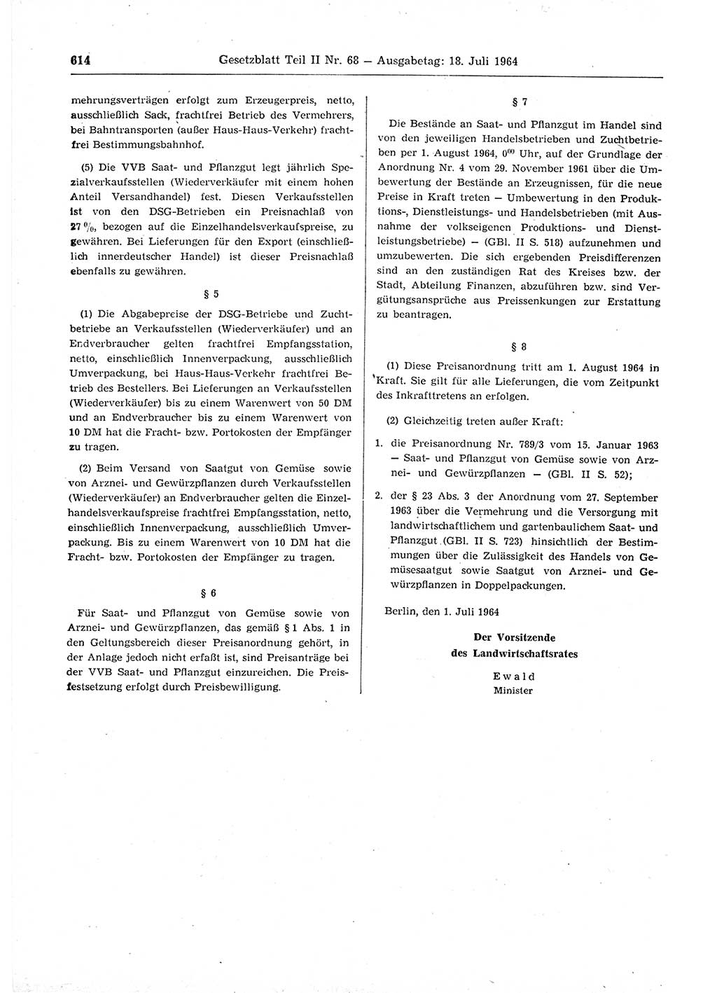 Gesetzblatt (GBl.) der Deutschen Demokratischen Republik (DDR) Teil ⅠⅠ 1964, Seite 614 (GBl. DDR ⅠⅠ 1964, S. 614)