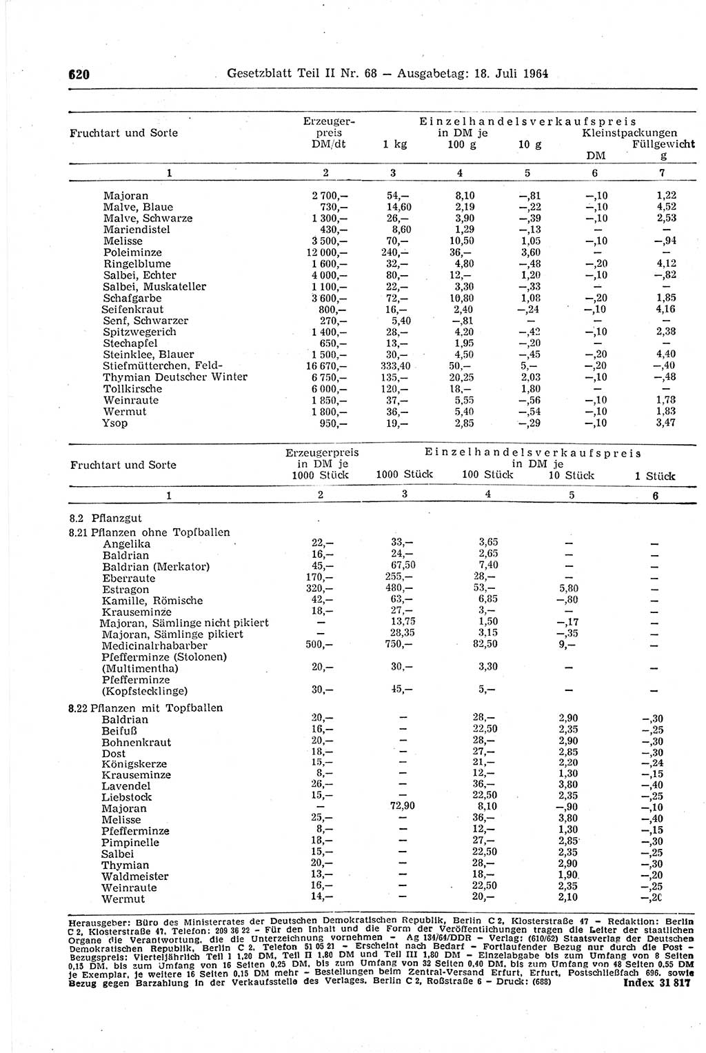 Gesetzblatt (GBl.) der Deutschen Demokratischen Republik (DDR) Teil ⅠⅠ 1964, Seite 620 (GBl. DDR ⅠⅠ 1964, S. 620)