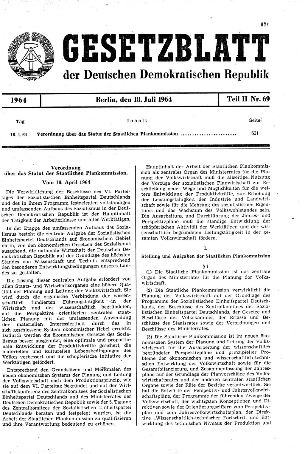 Gesetzblatt (GBl.) der Deutschen Demokratischen Republik (DDR) Teil ⅠⅠ 1964, Seite 621 (GBl. DDR ⅠⅠ 1964, S. 621)
