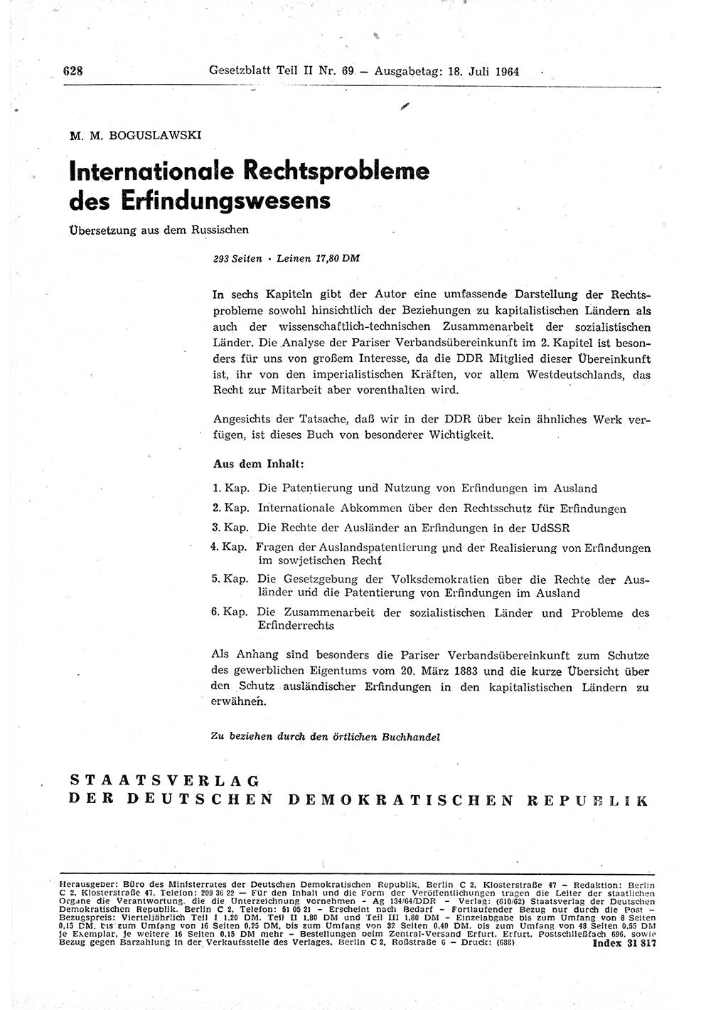 Gesetzblatt (GBl.) der Deutschen Demokratischen Republik (DDR) Teil ⅠⅠ 1964, Seite 628 (GBl. DDR ⅠⅠ 1964, S. 628)