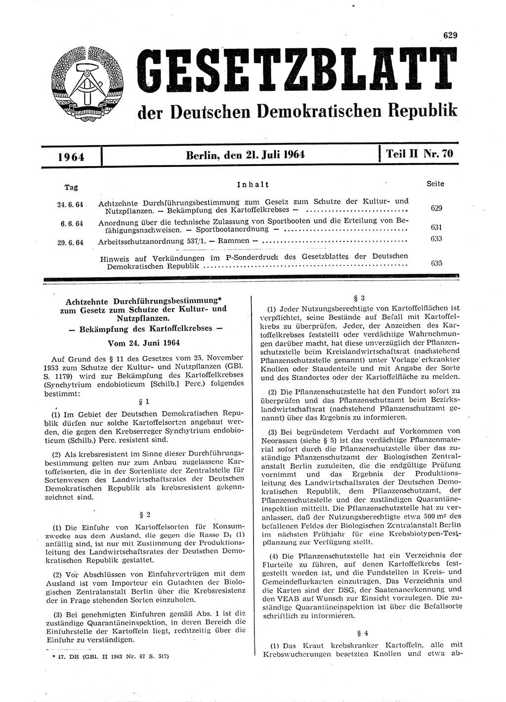 Gesetzblatt (GBl.) der Deutschen Demokratischen Republik (DDR) Teil ⅠⅠ 1964, Seite 629 (GBl. DDR ⅠⅠ 1964, S. 629)