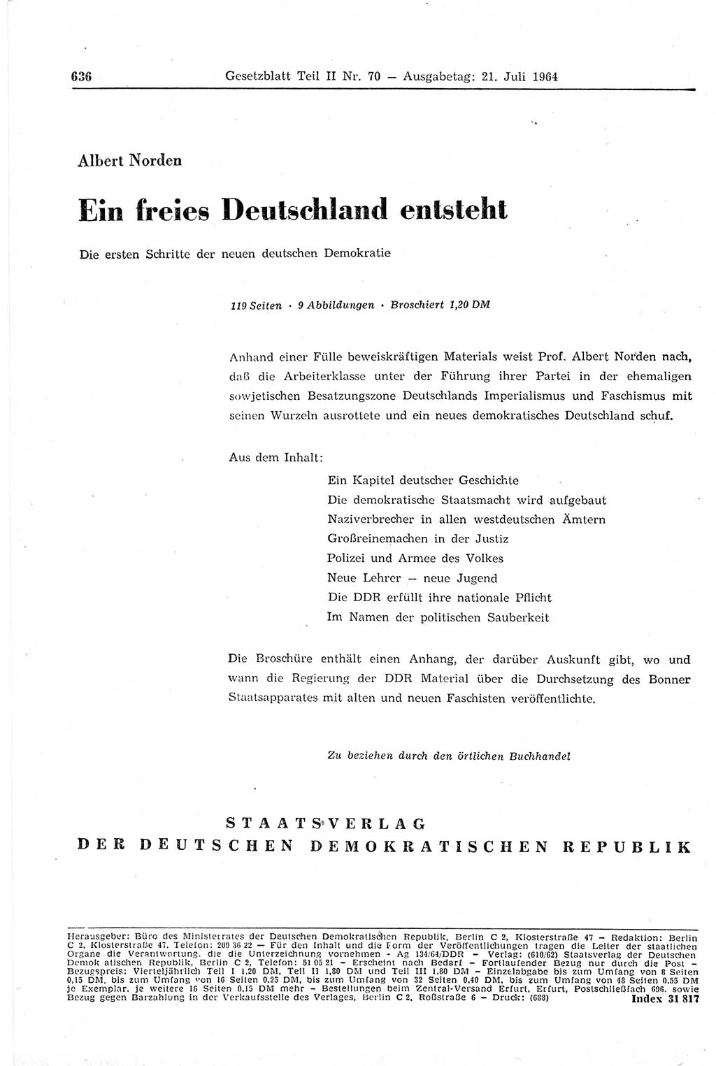 Gesetzblatt (GBl.) der Deutschen Demokratischen Republik (DDR) Teil ⅠⅠ 1964, Seite 636 (GBl. DDR ⅠⅠ 1964, S. 636)