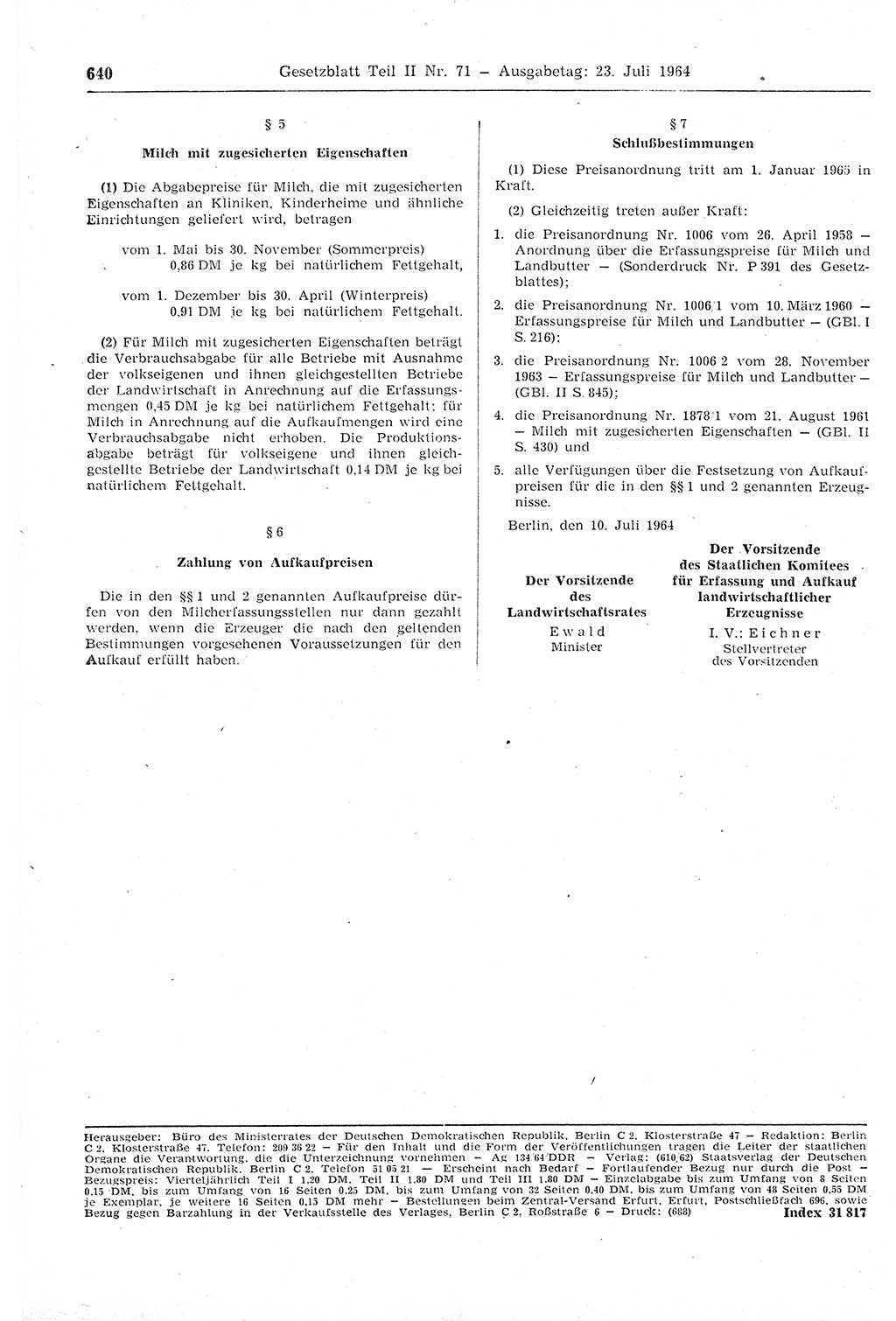 Gesetzblatt (GBl.) der Deutschen Demokratischen Republik (DDR) Teil ⅠⅠ 1964, Seite 640 (GBl. DDR ⅠⅠ 1964, S. 640)