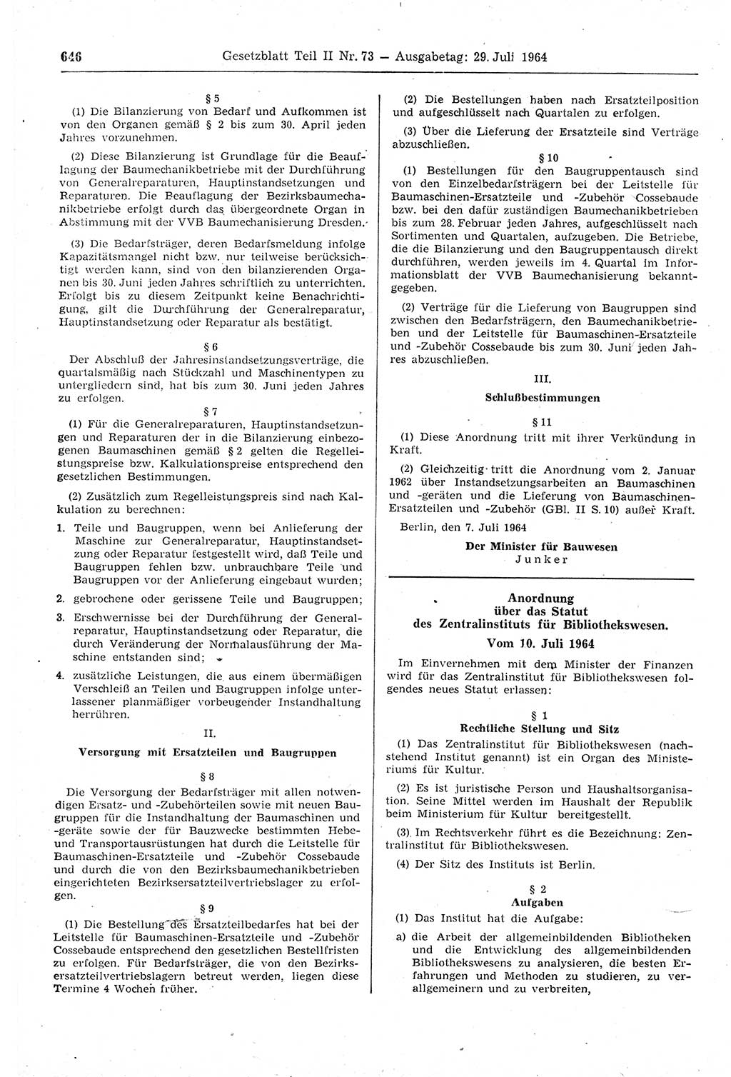 Gesetzblatt (GBl.) der Deutschen Demokratischen Republik (DDR) Teil ⅠⅠ 1964, Seite 646 (GBl. DDR ⅠⅠ 1964, S. 646)