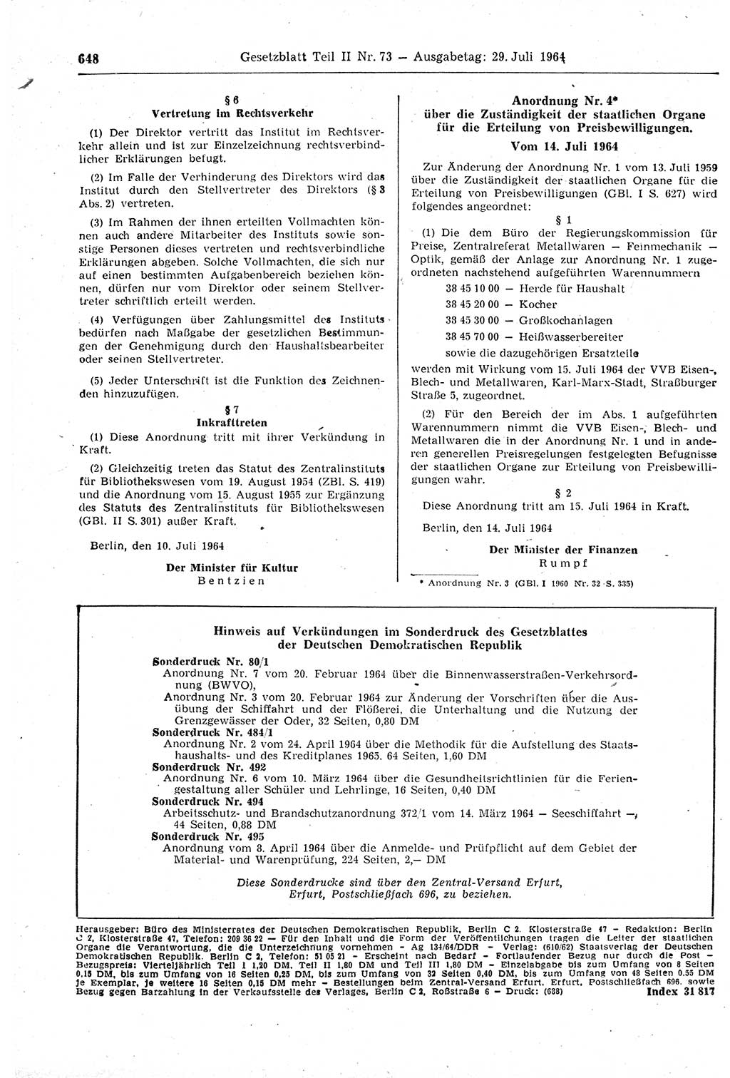 Gesetzblatt (GBl.) der Deutschen Demokratischen Republik (DDR) Teil ⅠⅠ 1964, Seite 648 (GBl. DDR ⅠⅠ 1964, S. 648)