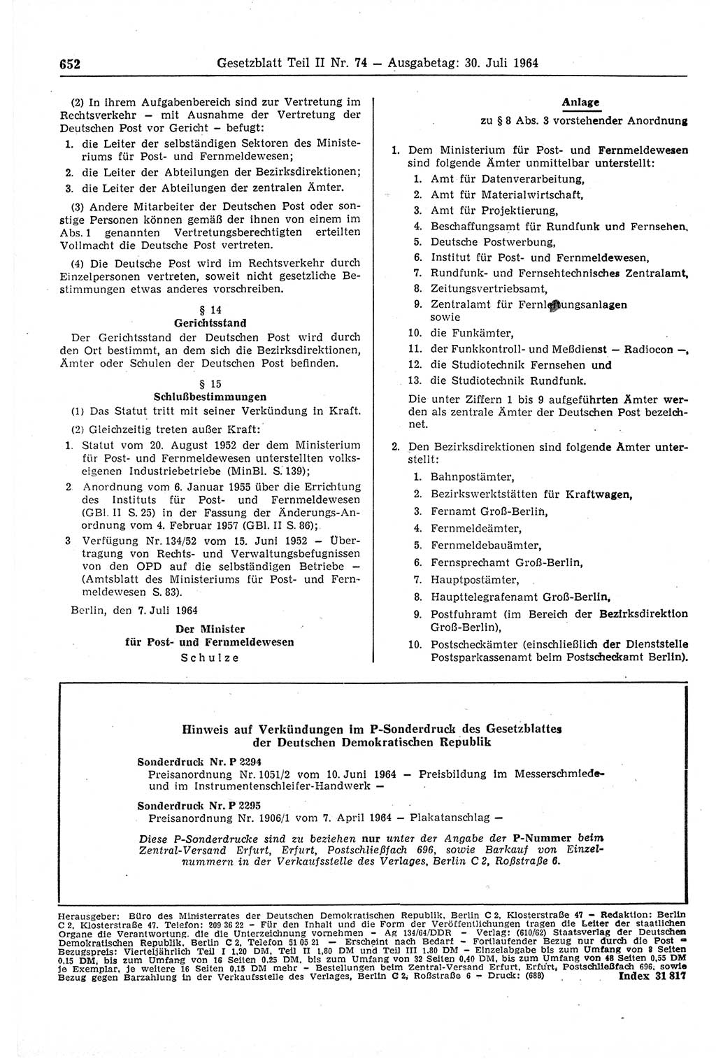 Gesetzblatt (GBl.) der Deutschen Demokratischen Republik (DDR) Teil ⅠⅠ 1964, Seite 652 (GBl. DDR ⅠⅠ 1964, S. 652)