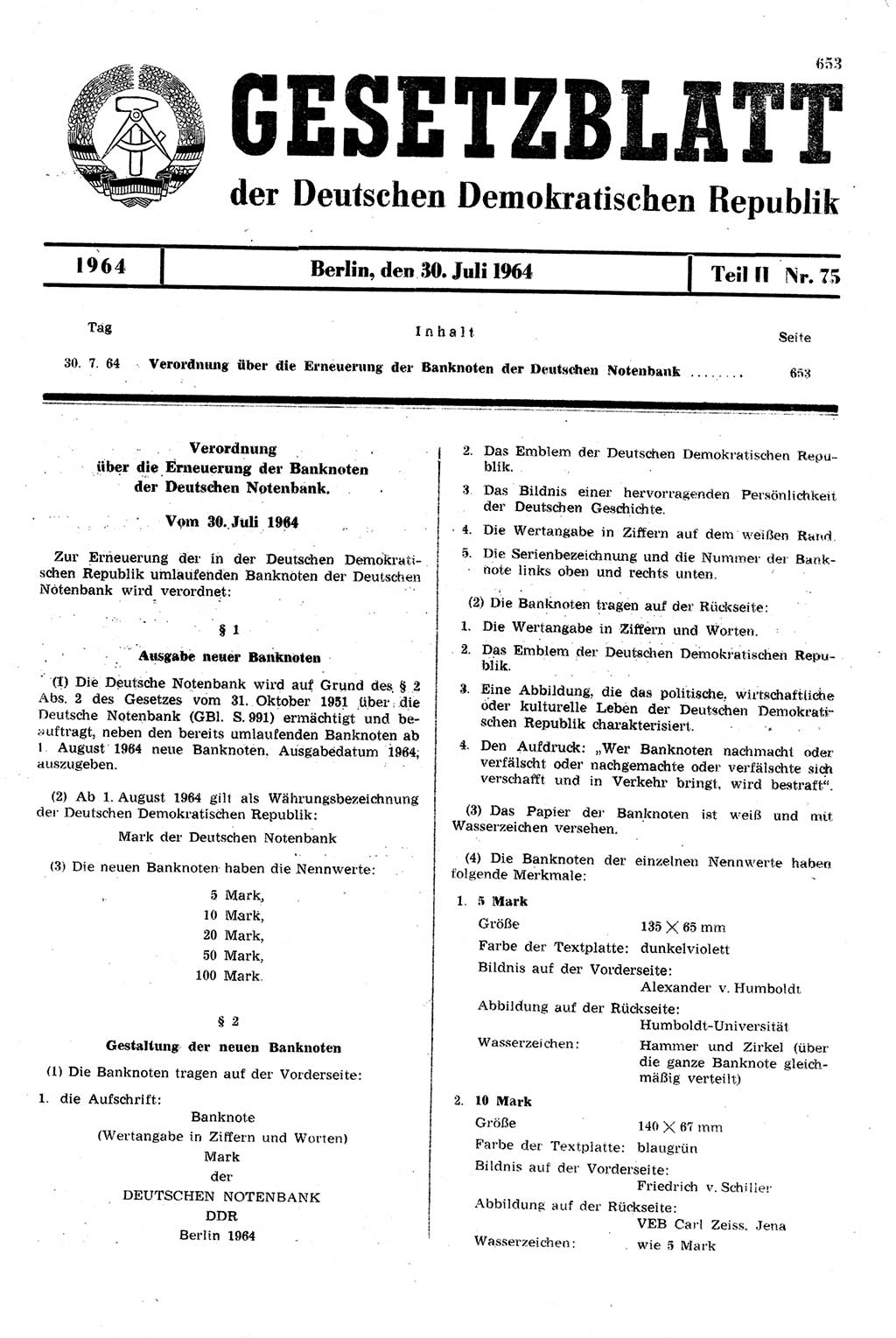 Gesetzblatt (GBl.) der Deutschen Demokratischen Republik (DDR) Teil ⅠⅠ 1964, Seite 653 (GBl. DDR ⅠⅠ 1964, S. 653)