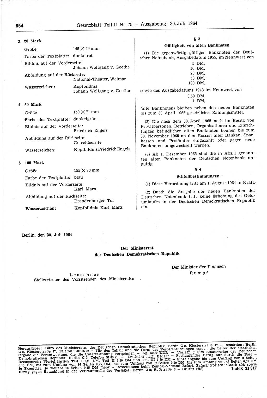 Gesetzblatt (GBl.) der Deutschen Demokratischen Republik (DDR) Teil ⅠⅠ 1964, Seite 654 (GBl. DDR ⅠⅠ 1964, S. 654)