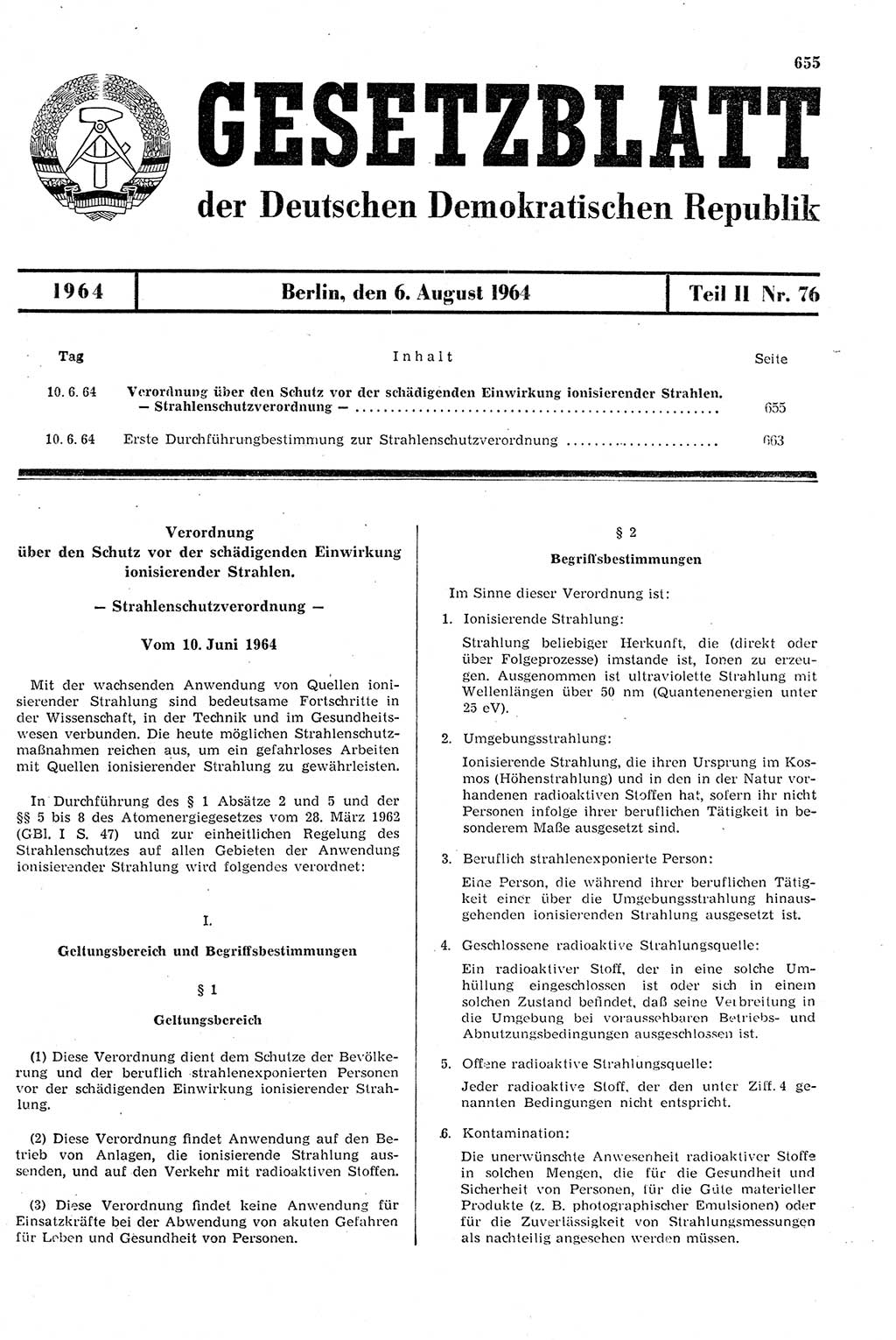 Gesetzblatt (GBl.) der Deutschen Demokratischen Republik (DDR) Teil ⅠⅠ 1964, Seite 655 (GBl. DDR ⅠⅠ 1964, S. 655)