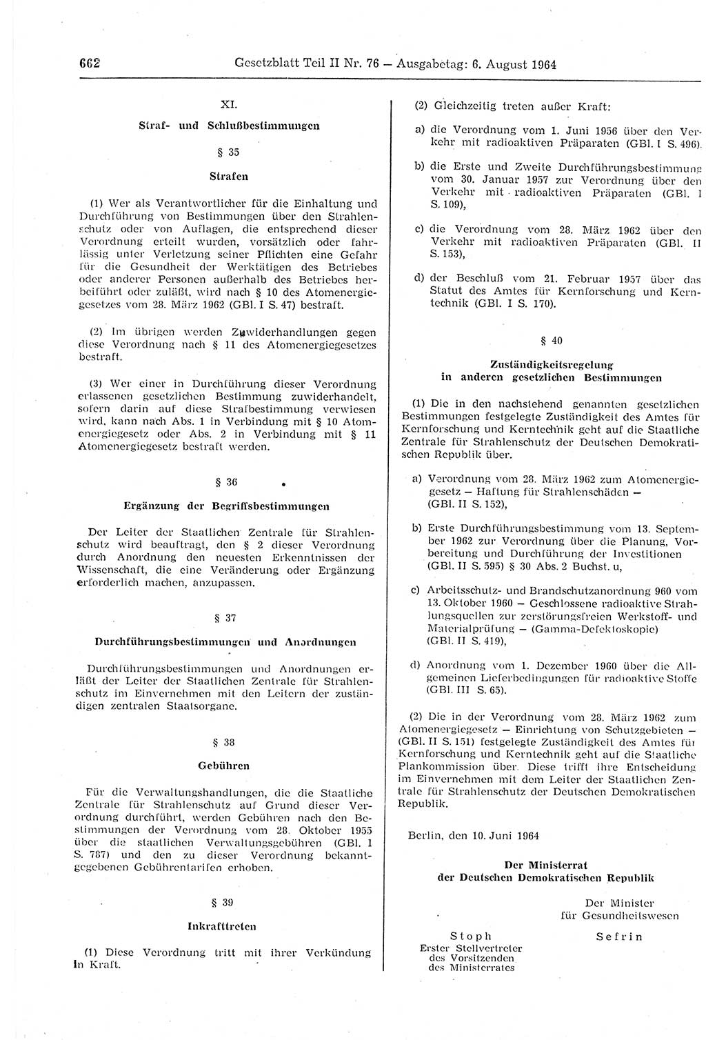 Gesetzblatt (GBl.) der Deutschen Demokratischen Republik (DDR) Teil ⅠⅠ 1964, Seite 662 (GBl. DDR ⅠⅠ 1964, S. 662)