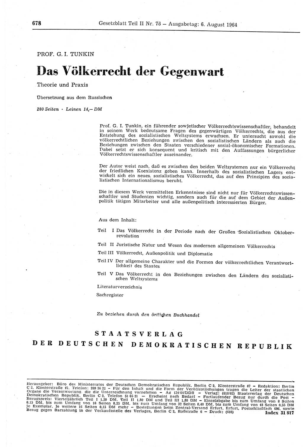 Gesetzblatt (GBl.) der Deutschen Demokratischen Republik (DDR) Teil ⅠⅠ 1964, Seite 678 (GBl. DDR ⅠⅠ 1964, S. 678)