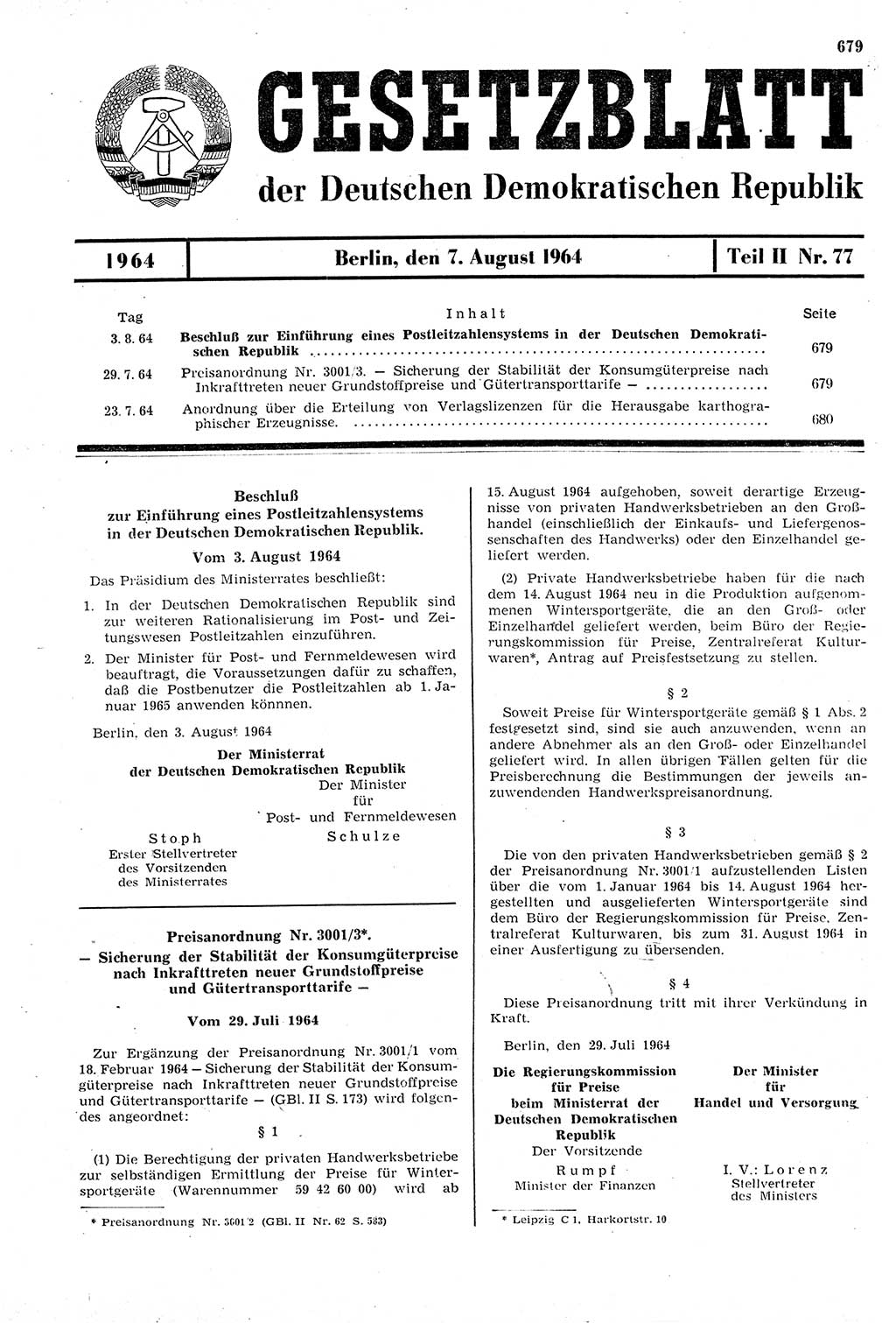 Gesetzblatt (GBl.) der Deutschen Demokratischen Republik (DDR) Teil ⅠⅠ 1964, Seite 679 (GBl. DDR ⅠⅠ 1964, S. 679)